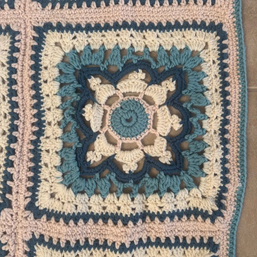 Handmade Crochet Floral Granny Square Throw Blanket Blue Cream Pink 59x41